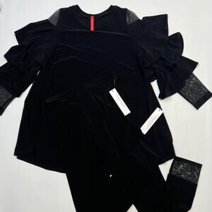 IC by Connie K Top Pants Set Womens Small Black Ruffle Sleeve Mesh Details USA